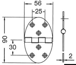 Oval hinge 56x90 mm stud mounting 2 mm 
