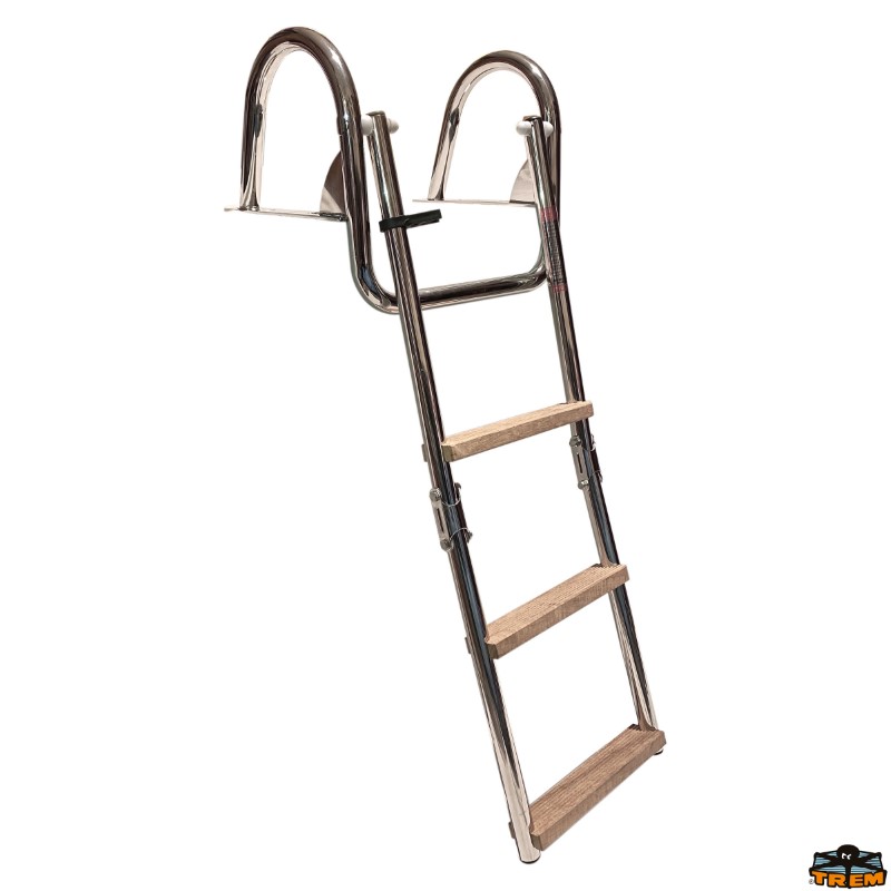 Scaletta pieghevole con corrimano e gradini in legno per plancette di poppa  3 gr - Trem S1914003